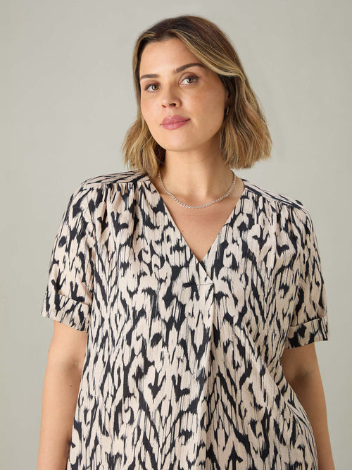 Mono Print Pleat Front Dress