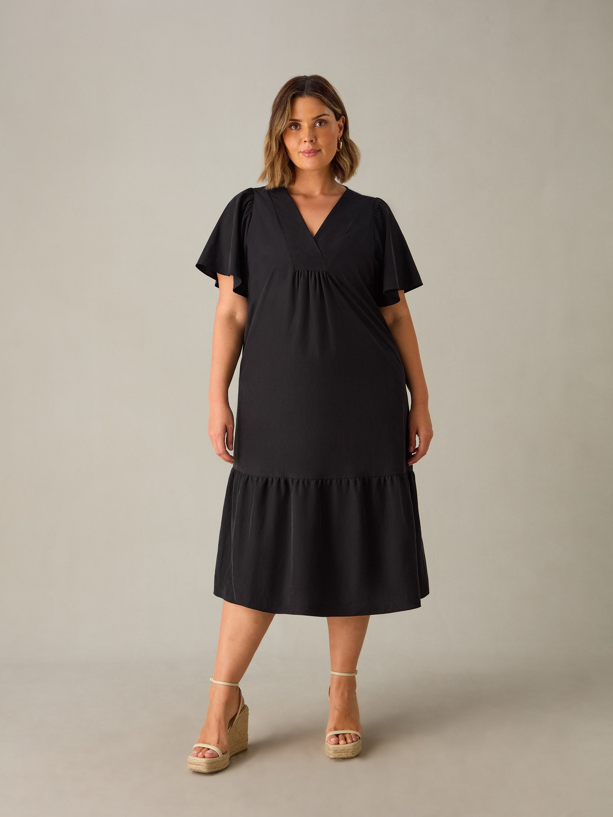 Charcoal Tencel Blend Ruffle Sleeve V-Neck Midi Dress