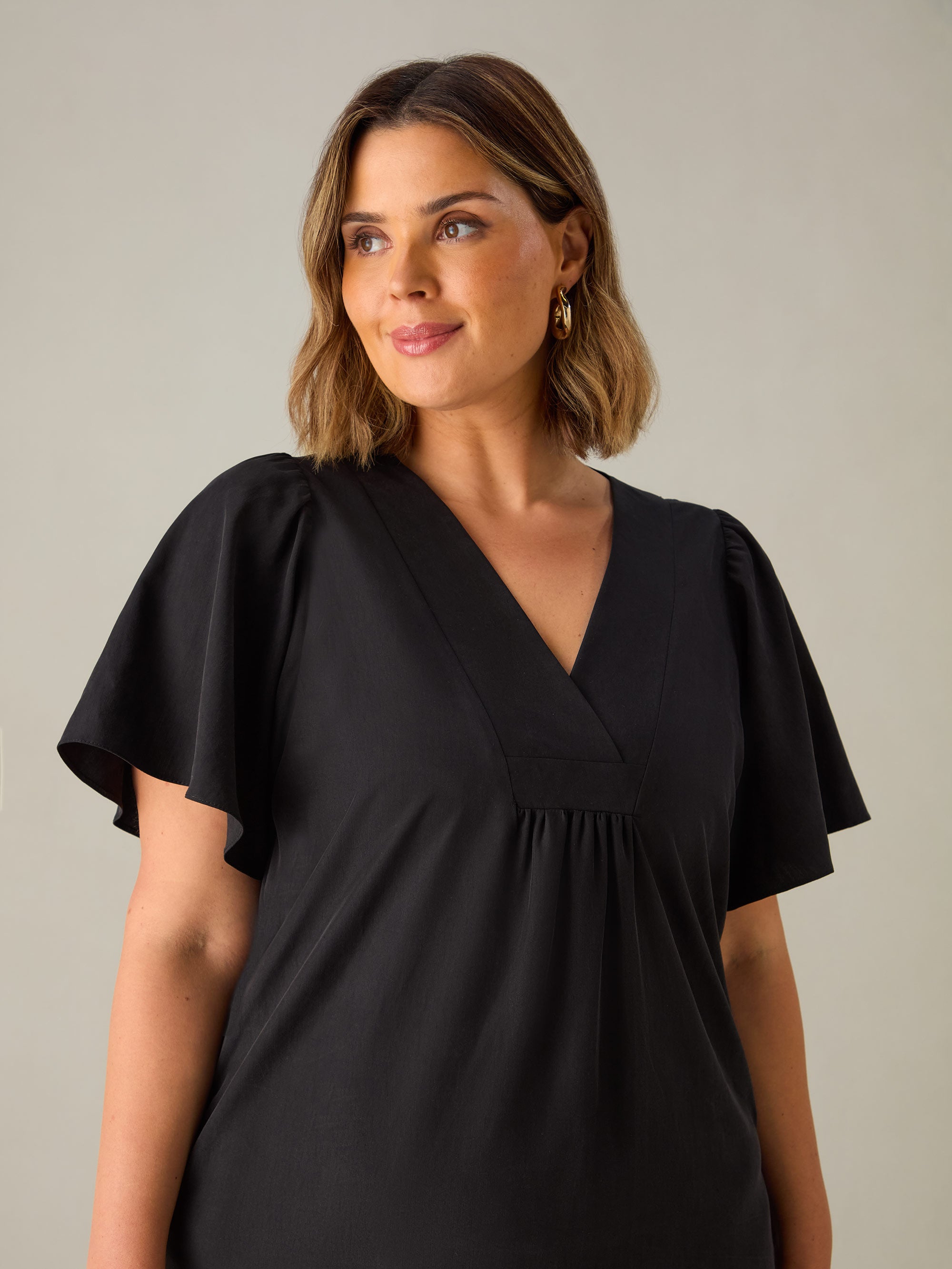 Charcoal Tencel Blend Ruffle Sleeve V-Neck Midi Dress