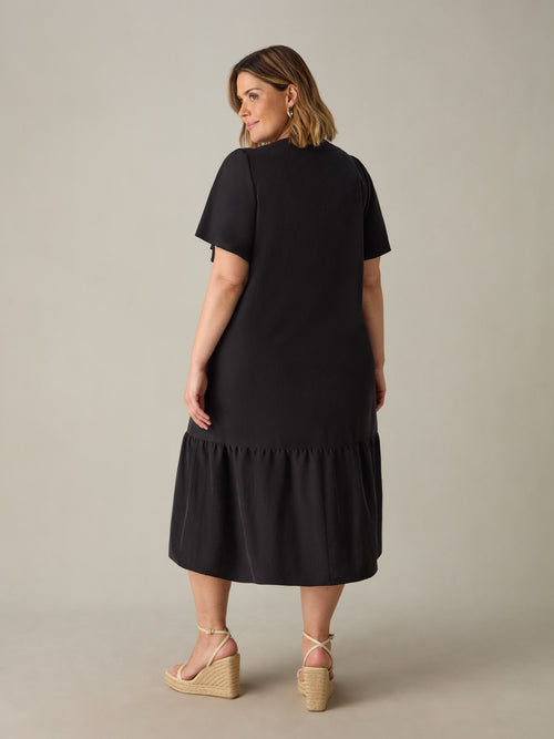 Charcoal Tencel Blend Ruffle Sleeve V-Neck Midi Dress