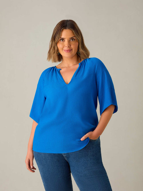 Blue Textured Raglan Sleeve Blouse