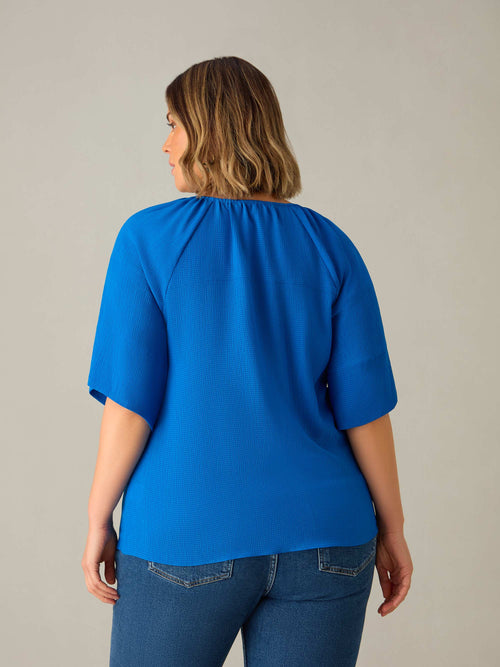 Blue Textured Raglan Sleeve Blouse