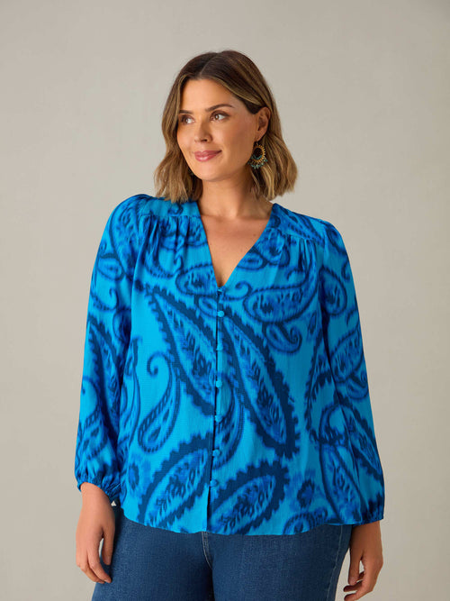 Blue Paisley V-Neck Button Blouse