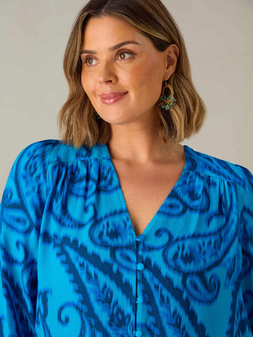 Blue Paisley V-Neck Button Blouse