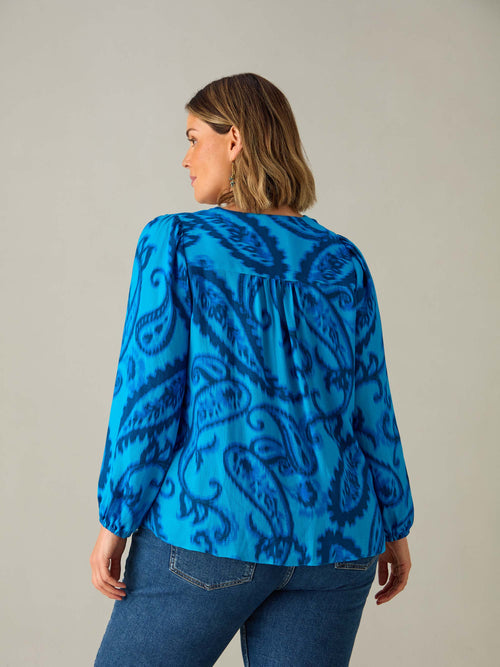 Blue Paisley V-Neck Button Blouse