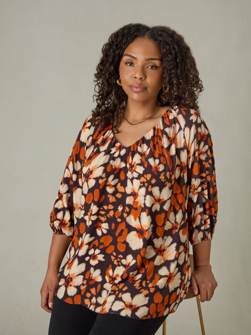 Rust Floral Print V-Neck Blouse