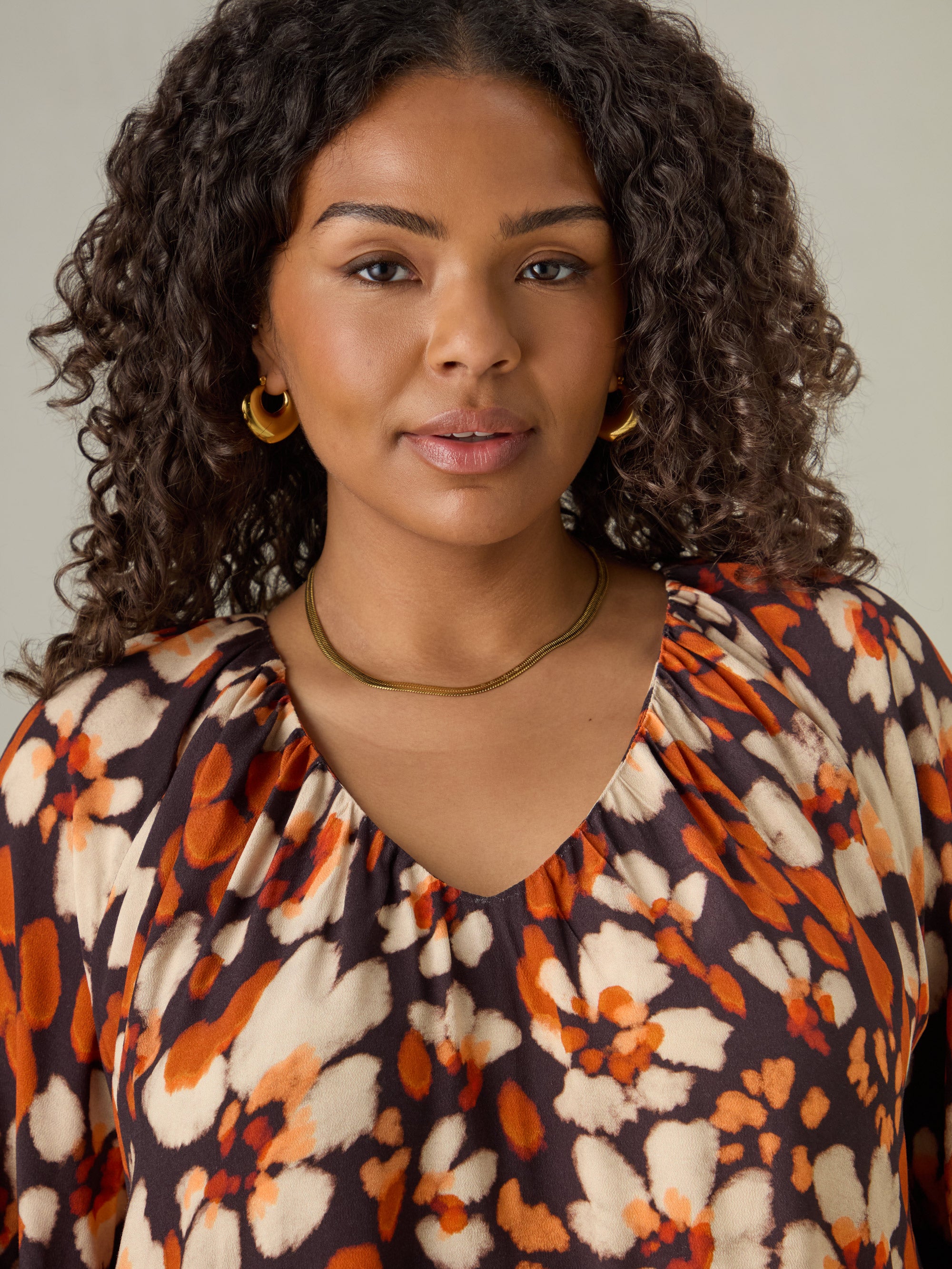 Rust Floral Print V-Neck Blouse