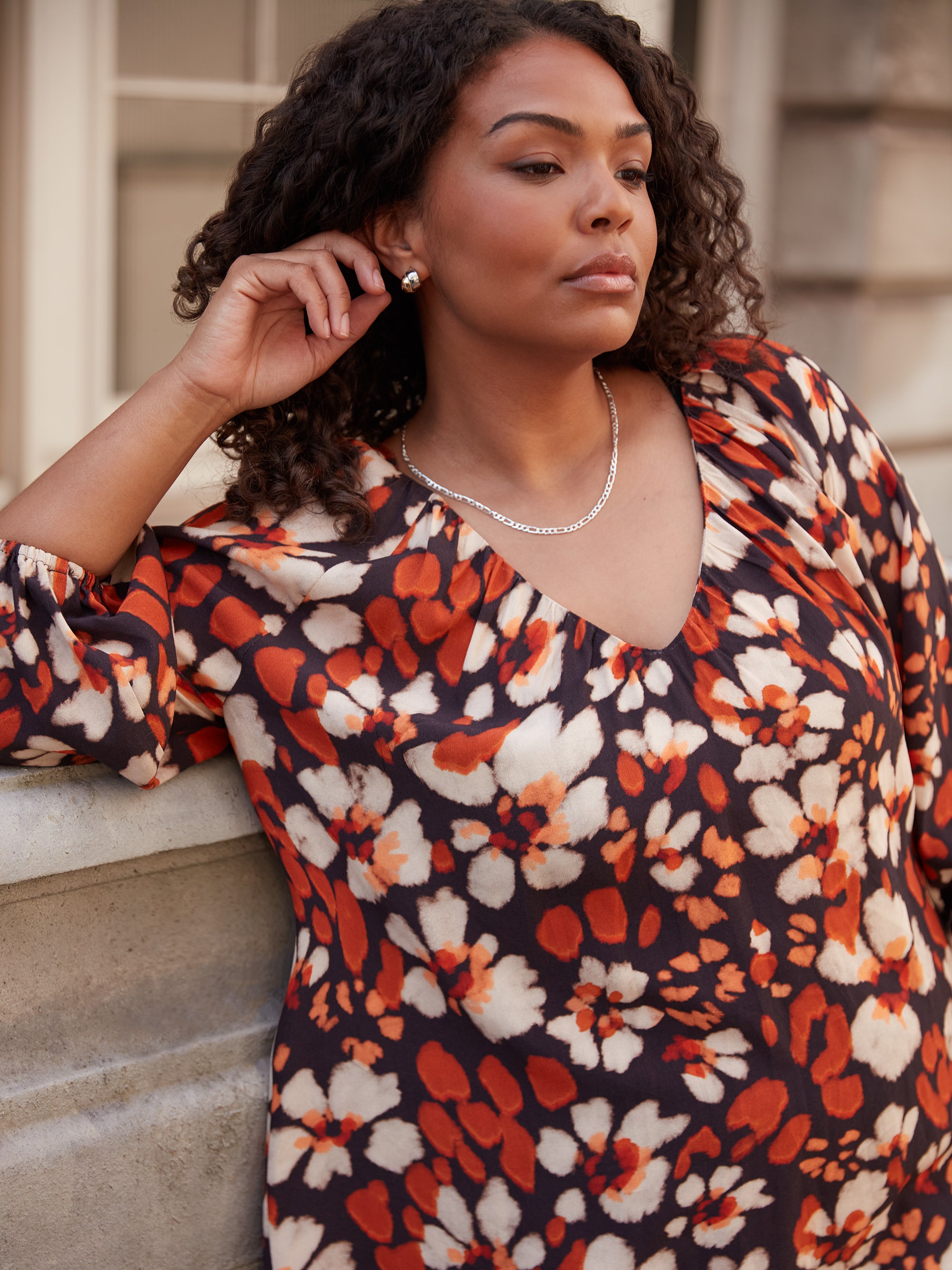 Rust Floral Print V-Neck Blouse