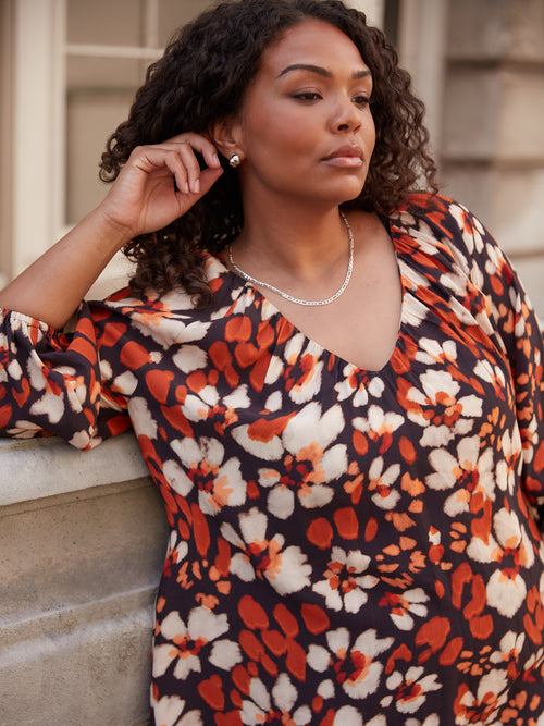 Rust Floral Print V-Neck Blouse