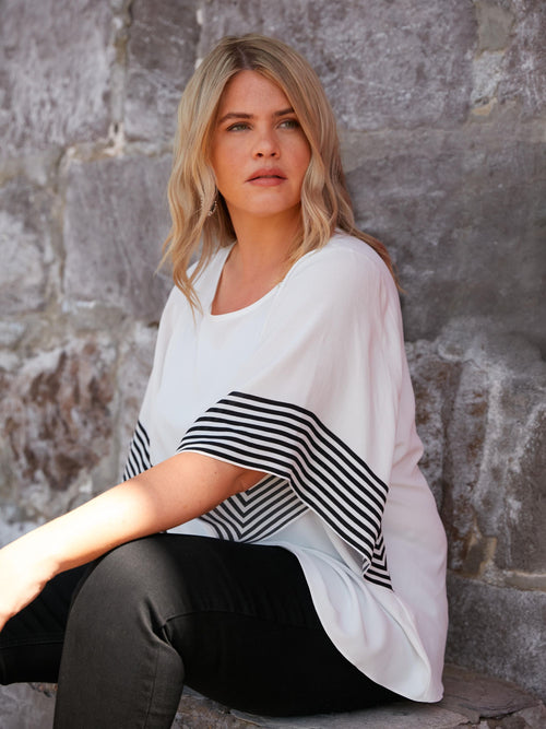 White Stripe Flutter Sleeve Top