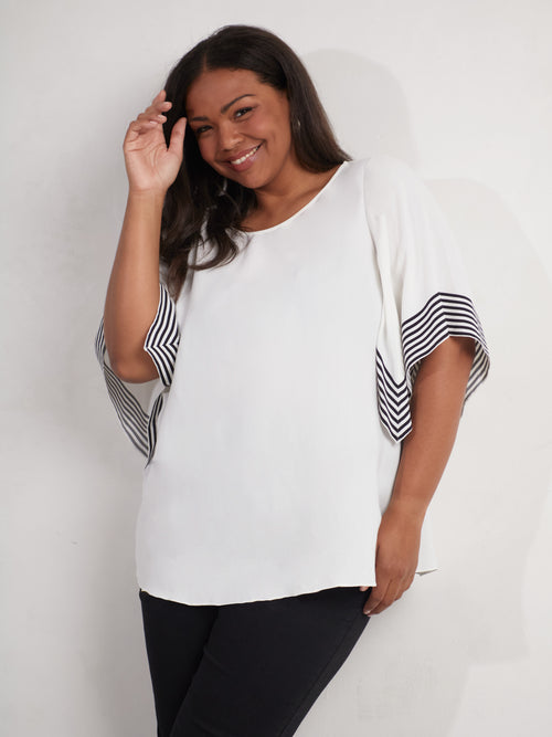 White Stripe Flutter Sleeve Top