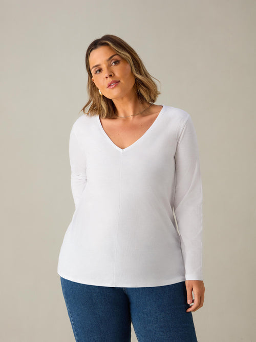 White Cotton Slub V-Neck Long Sleeve T-Shirt