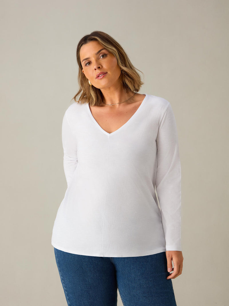 White Cotton Slub V-Neck Long Sleeve T-Shirt