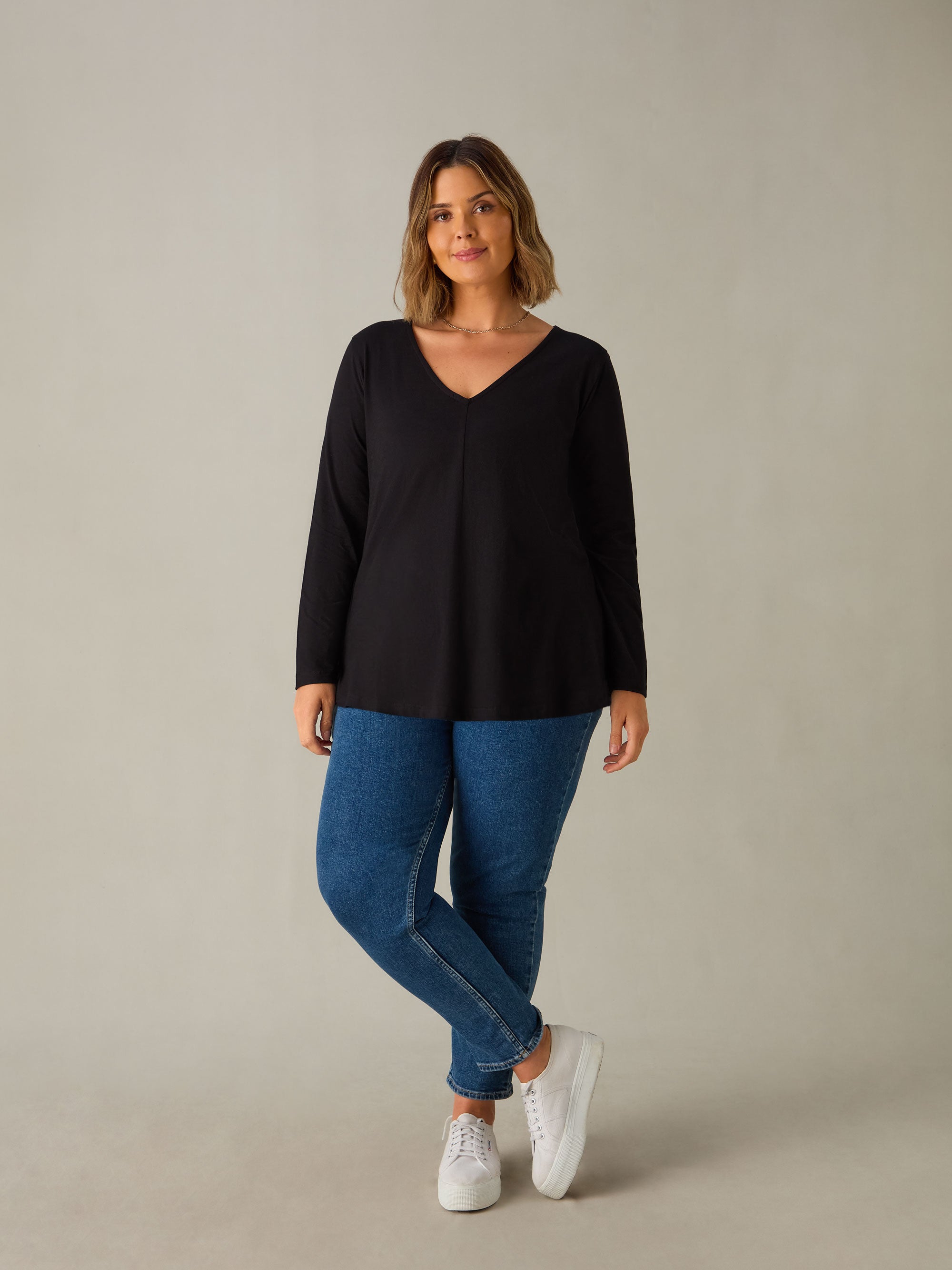 Black Cotton Slub V-Neck Long Sleeve T-Shirt