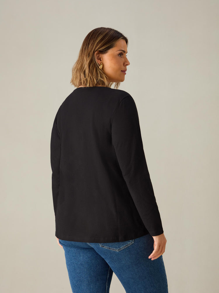 Black Cotton Slub V-Neck Long Sleeve T-Shirt