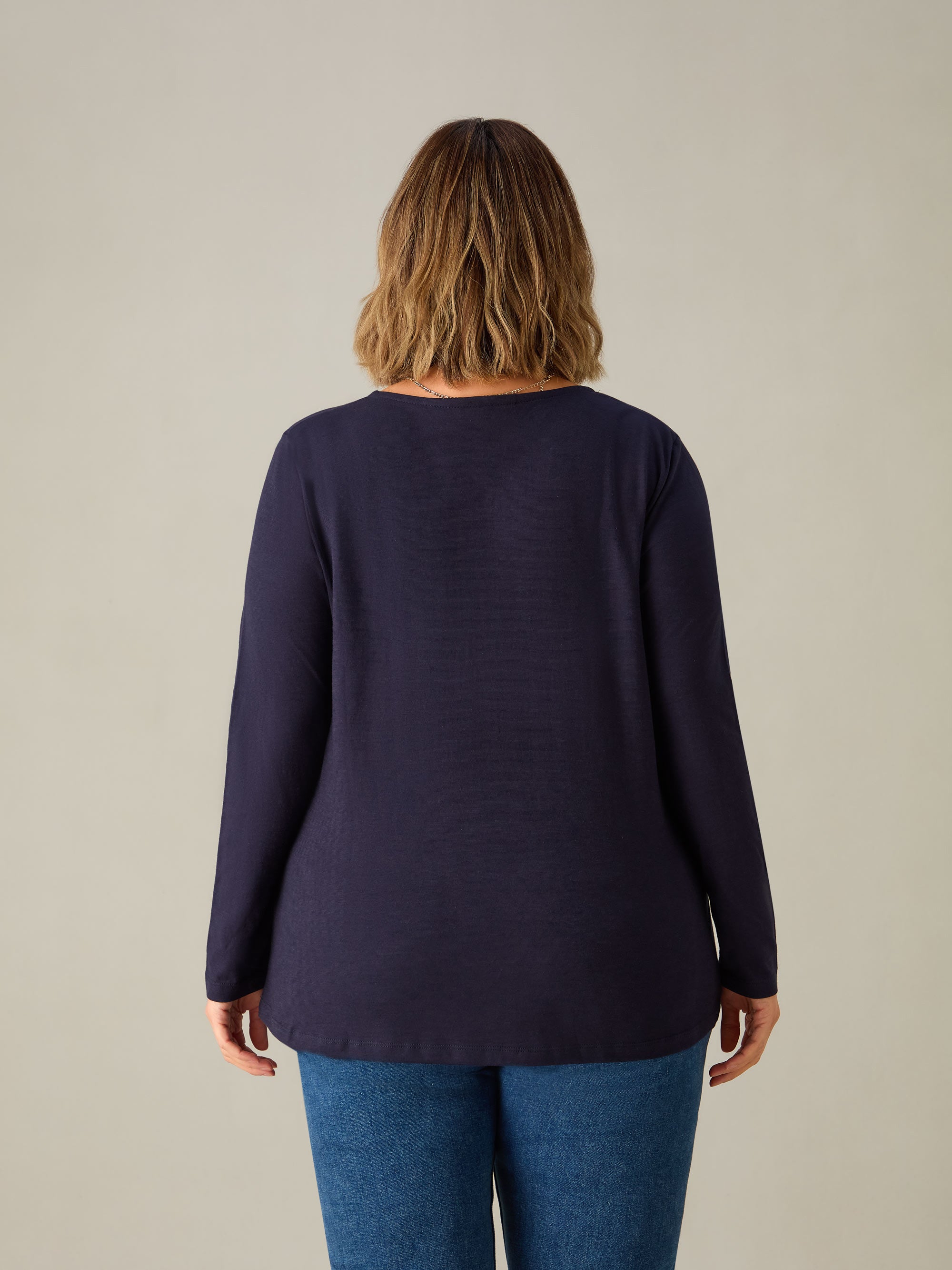 Navy Cotton Slub V- Neck Long Sleeve T-Shirt