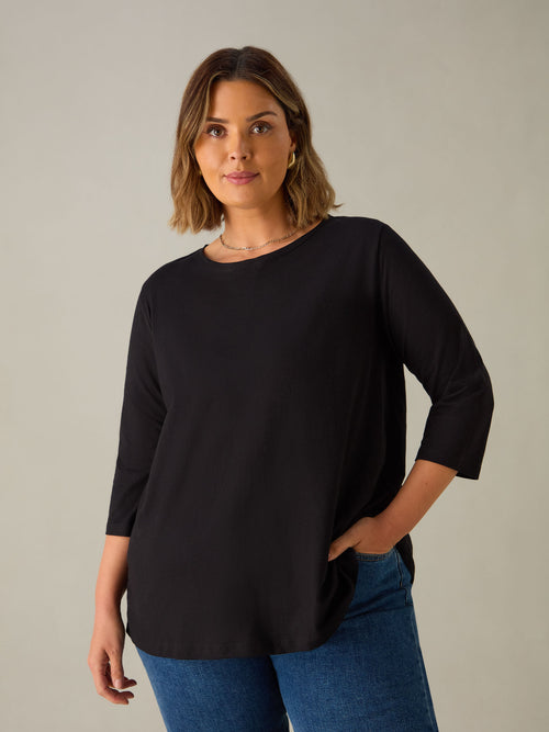 Black Cotton Slub Swing Tunic Top