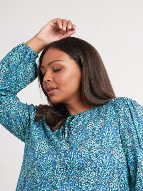 Blue Paisley Shirred Detail Blouse