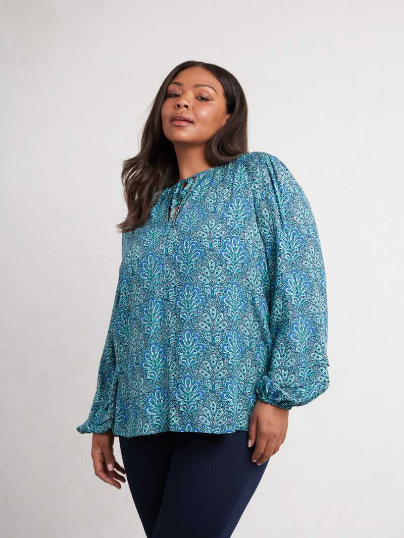 Blue Paisley Shirred Detail Blouse