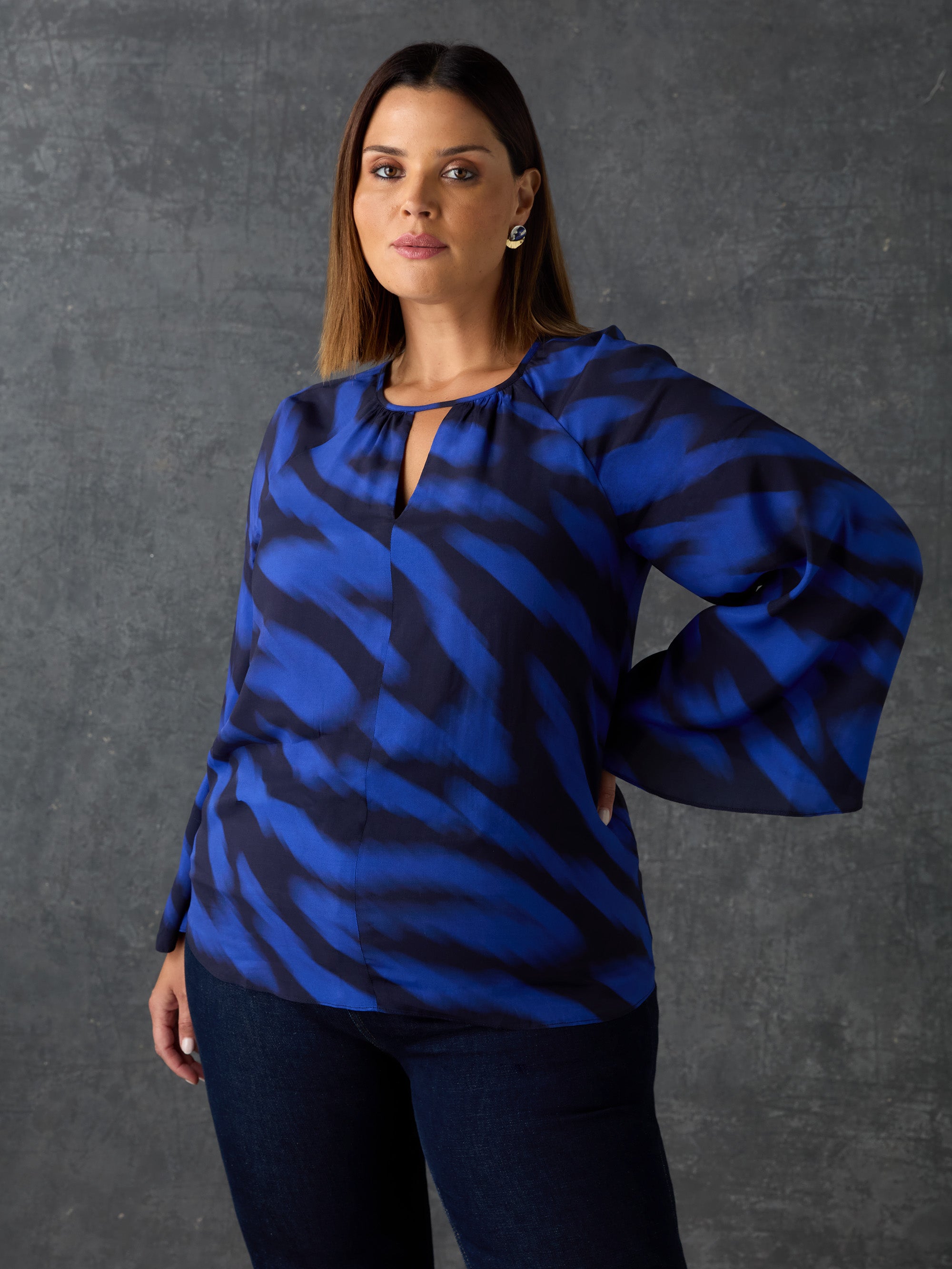 Blue & Black Printed Keyhole Blouse