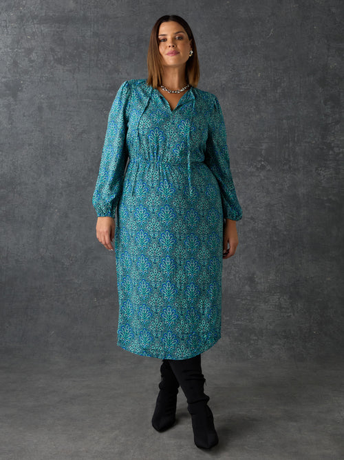 Blue Paisley Shirred Detail Midi Dress