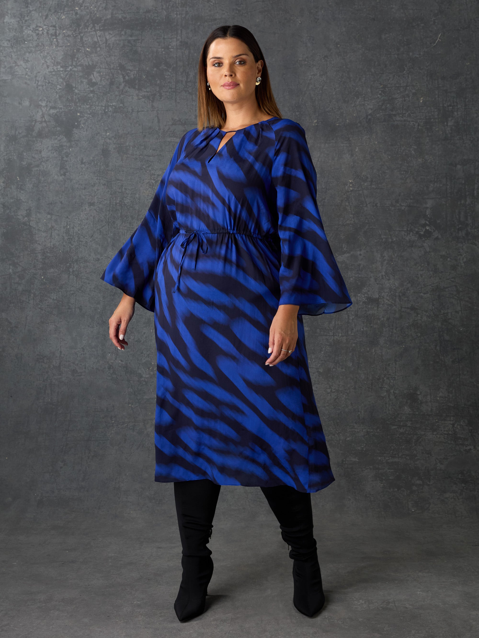 Blue & Black Printed Tie Waist Midi Dress