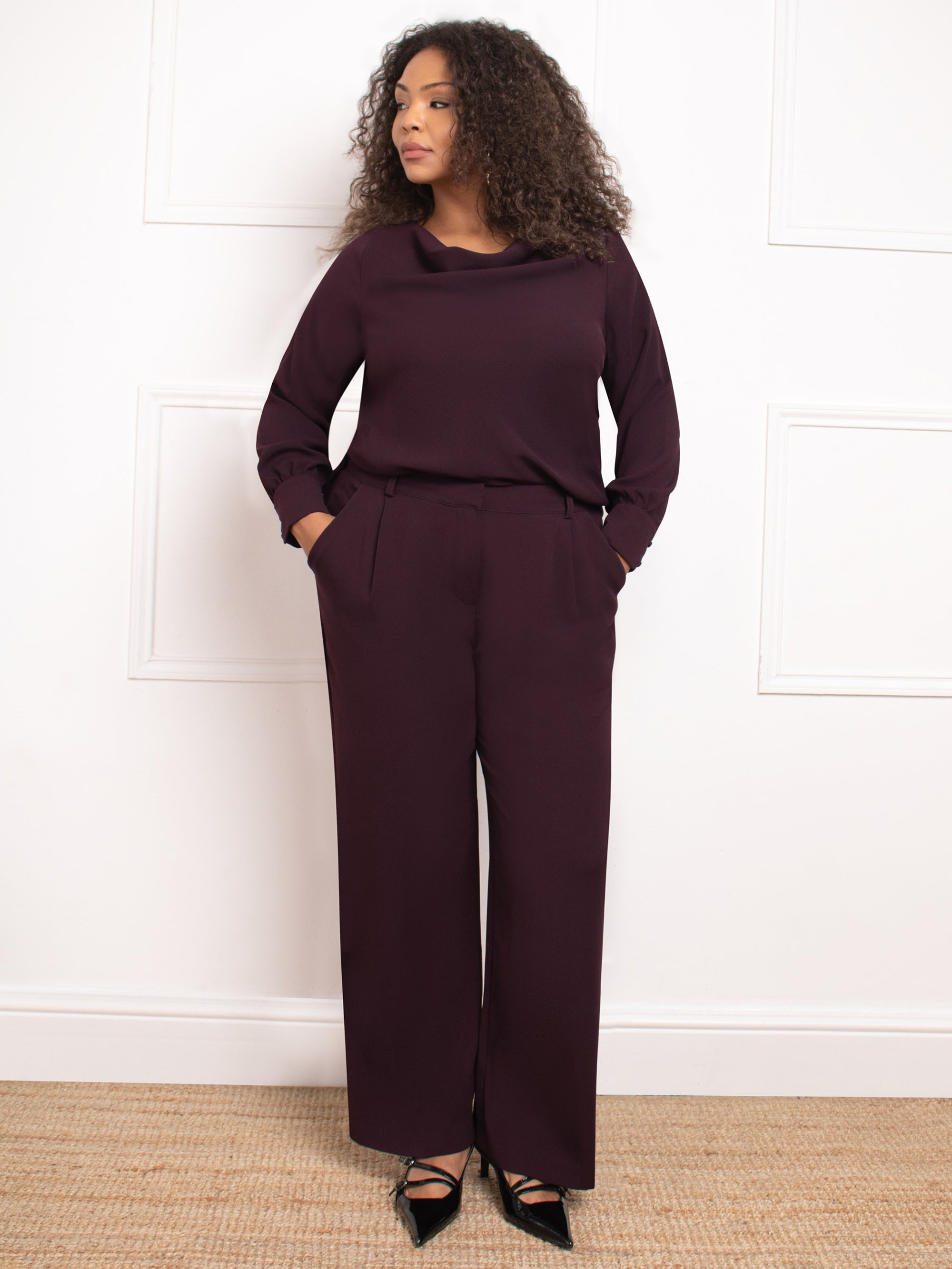 Aubergine Button Detail Wide Leg Trouser