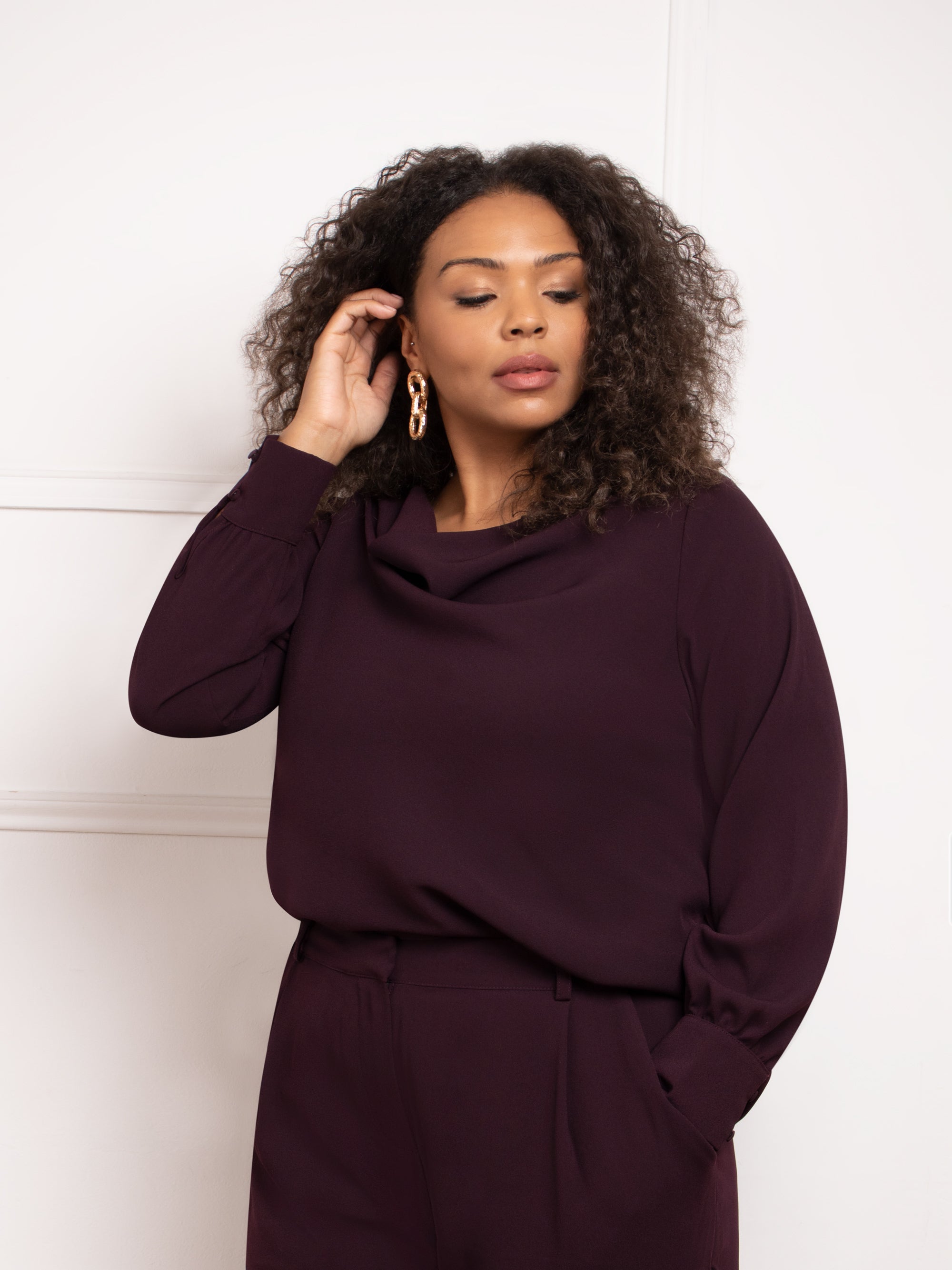 Aubergine Cowl Neck Long Sleeve Blouse