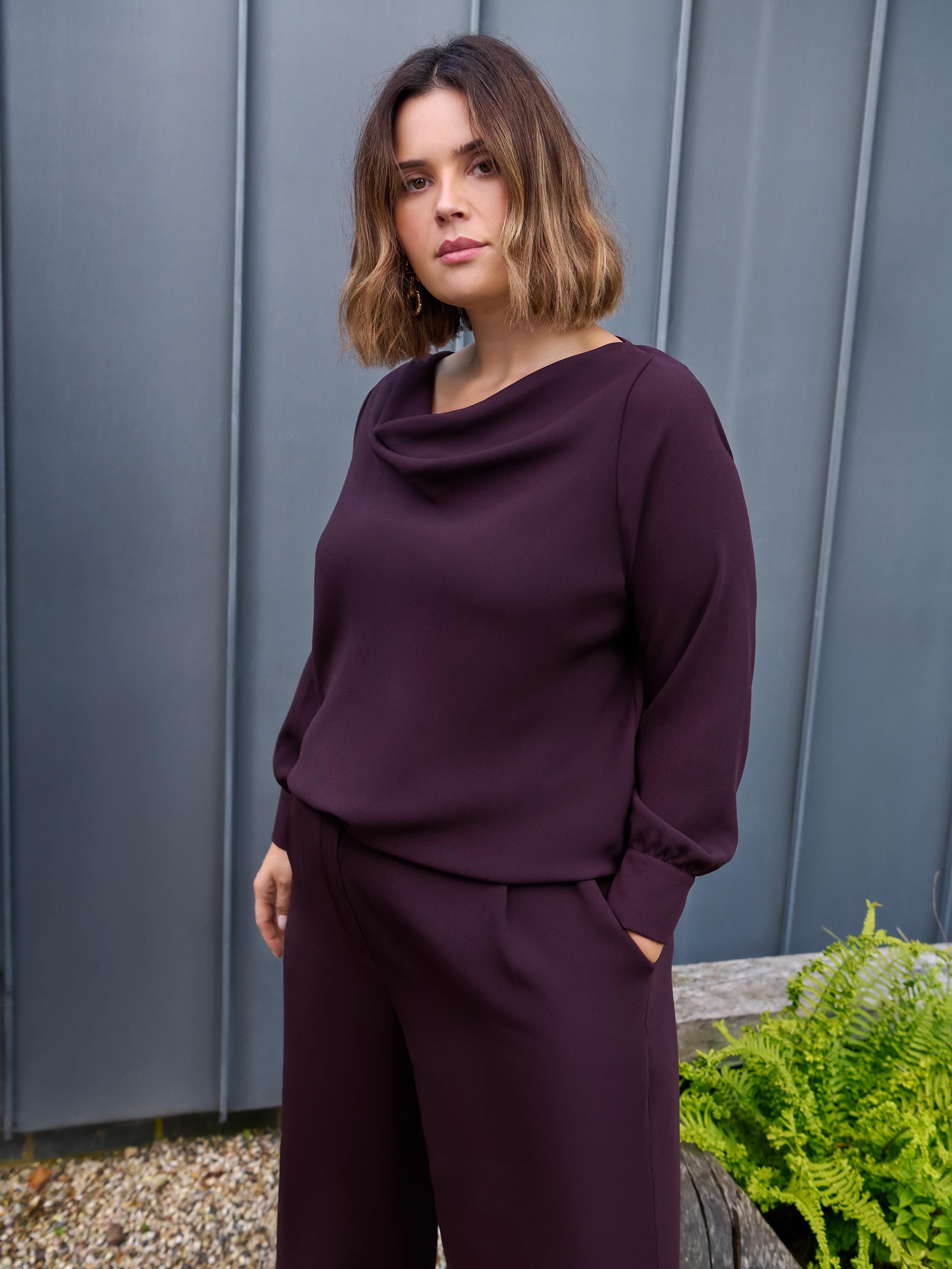 Aubergine Cowl Neck Long Sleeve Blouse