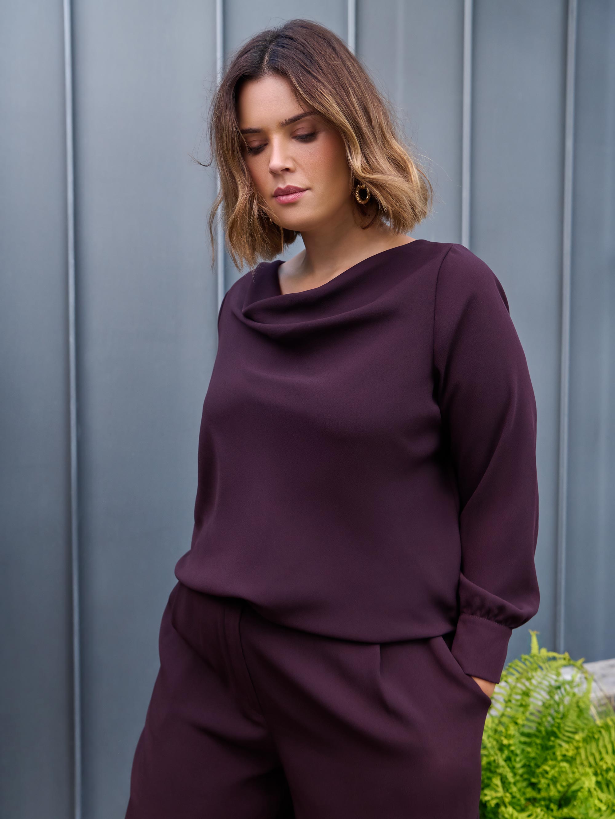 Aubergine Cowl Neck Long Sleeve Blouse - Main Image