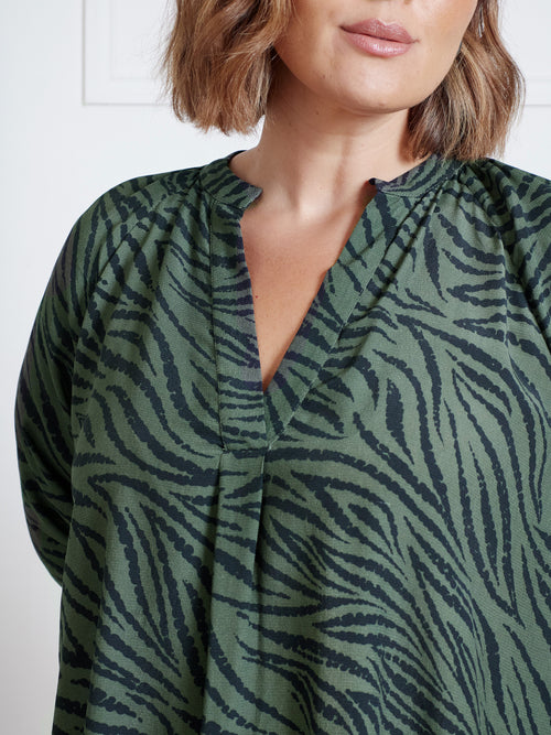 Khaki Zebra Pleat Sleeve Blouse