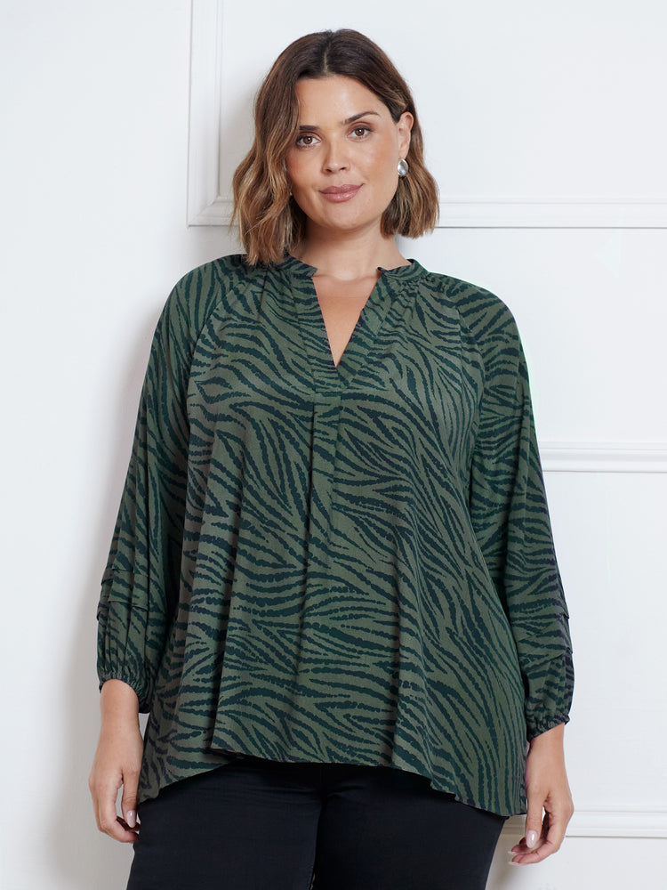 Khaki Zebra Pleat Sleeve Blouse