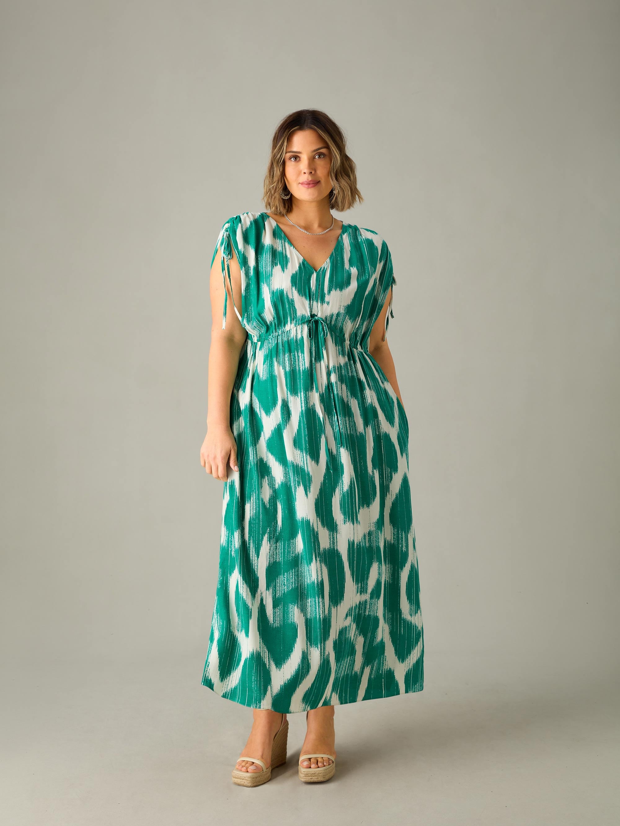 Green Geo Print Drawstring Maxi Dress