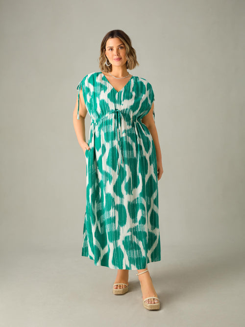 Green Geo Print Drawstring Maxi Dress