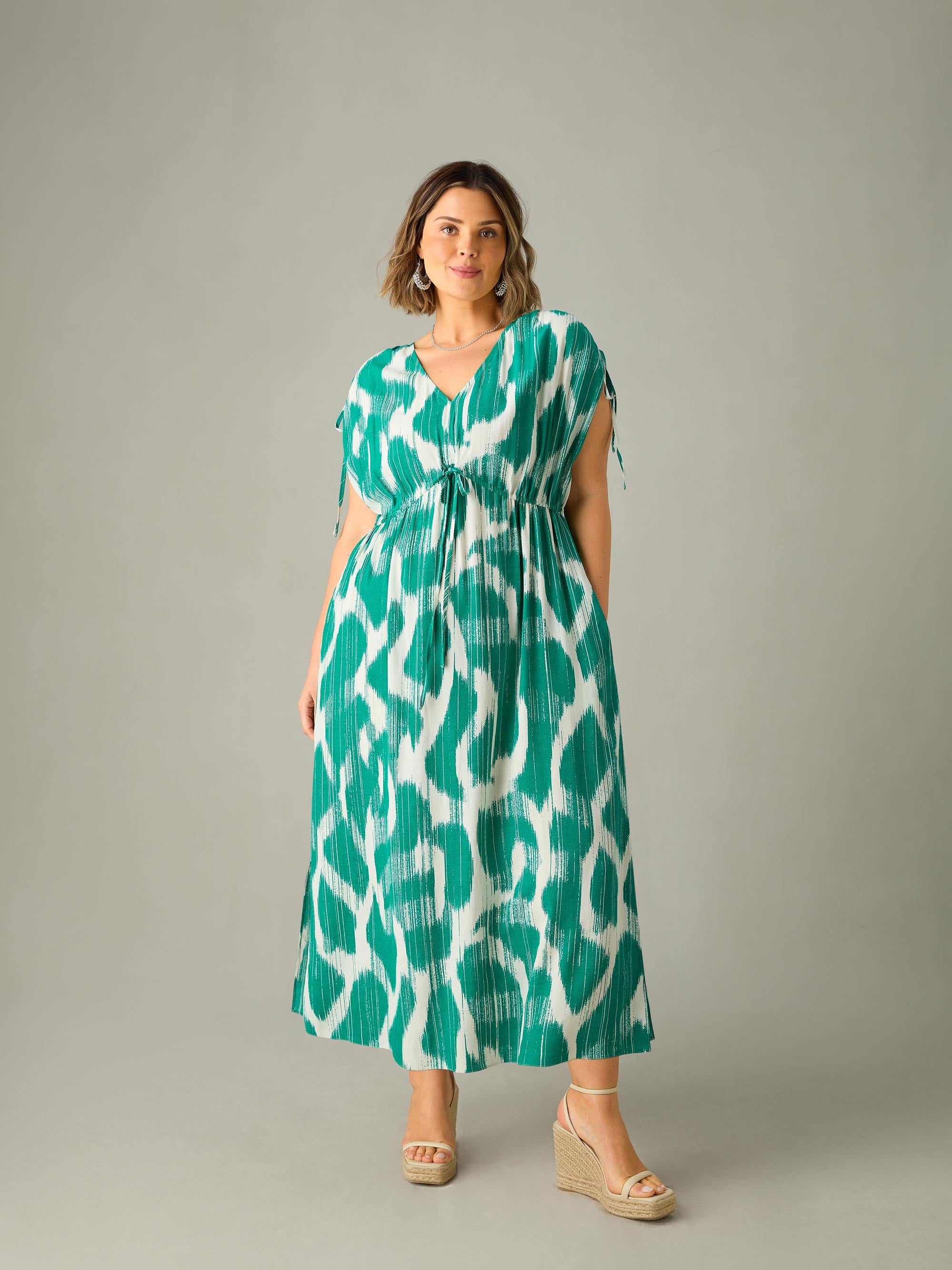 Green Geo Print Drawstring Maxi Dress