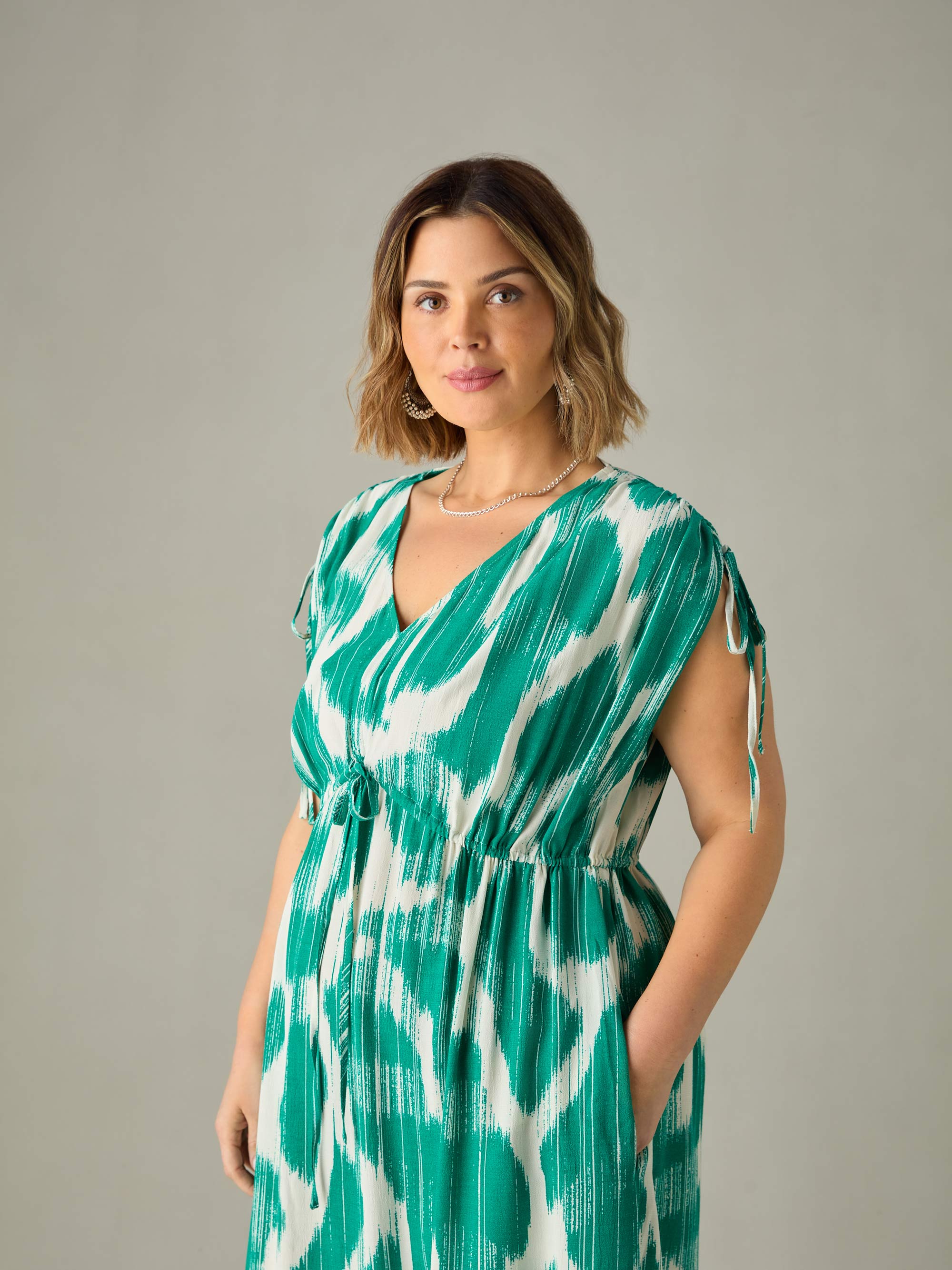 Green Geo Print Drawstring Maxi Dress