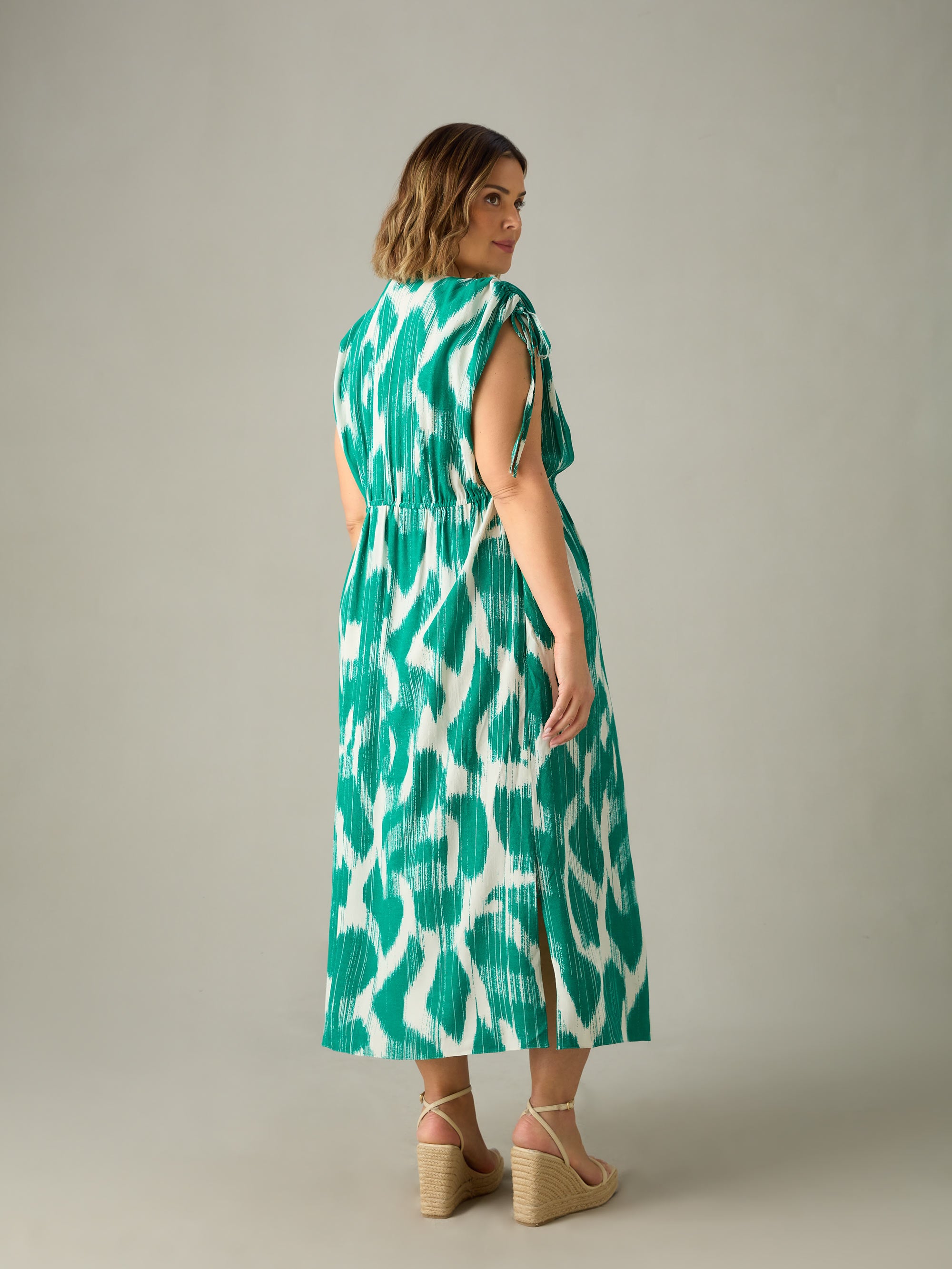 Green Geo Print Drawstring Maxi Dress