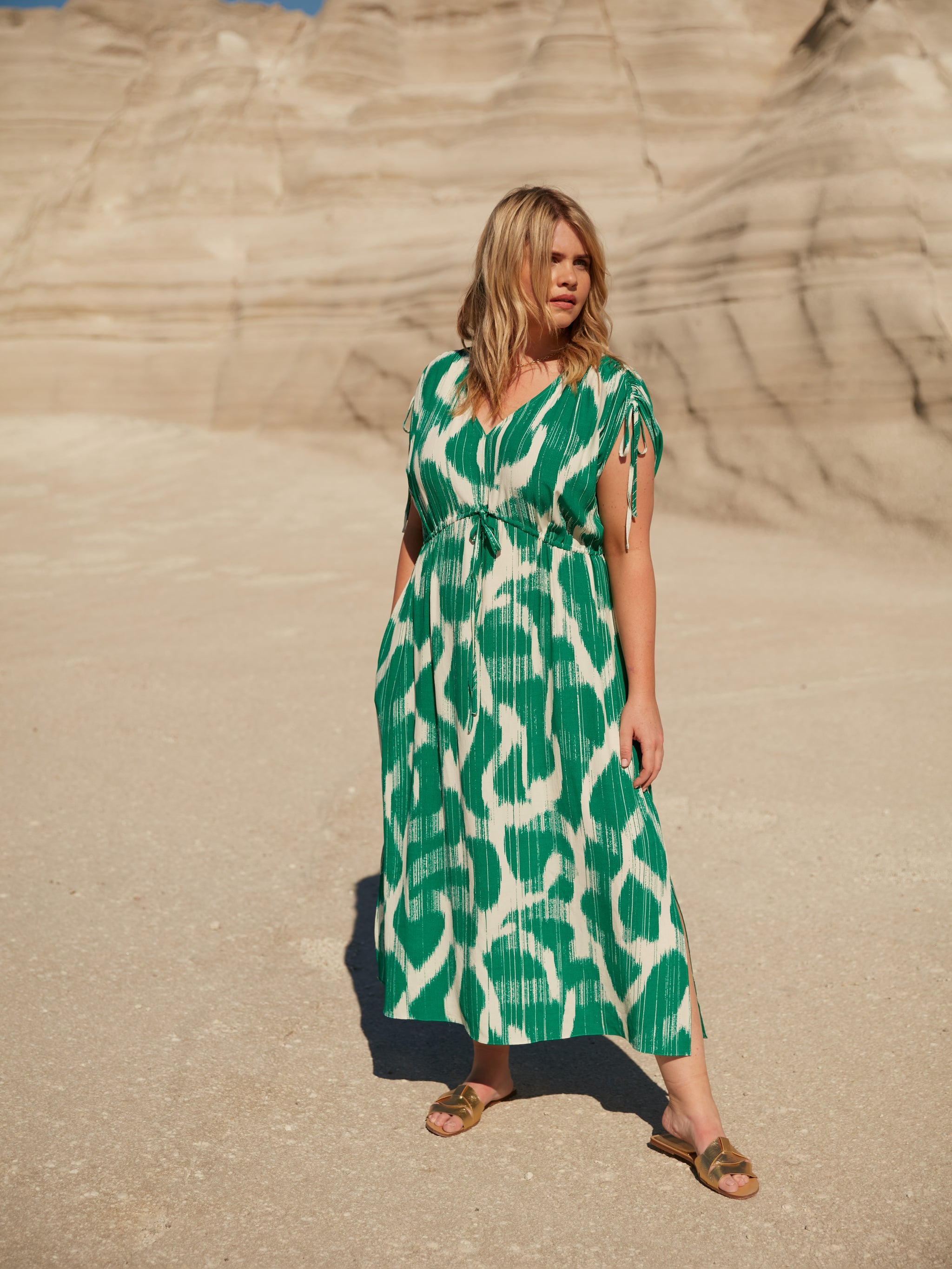 Green Geo Print Drawstring Maxi Dress