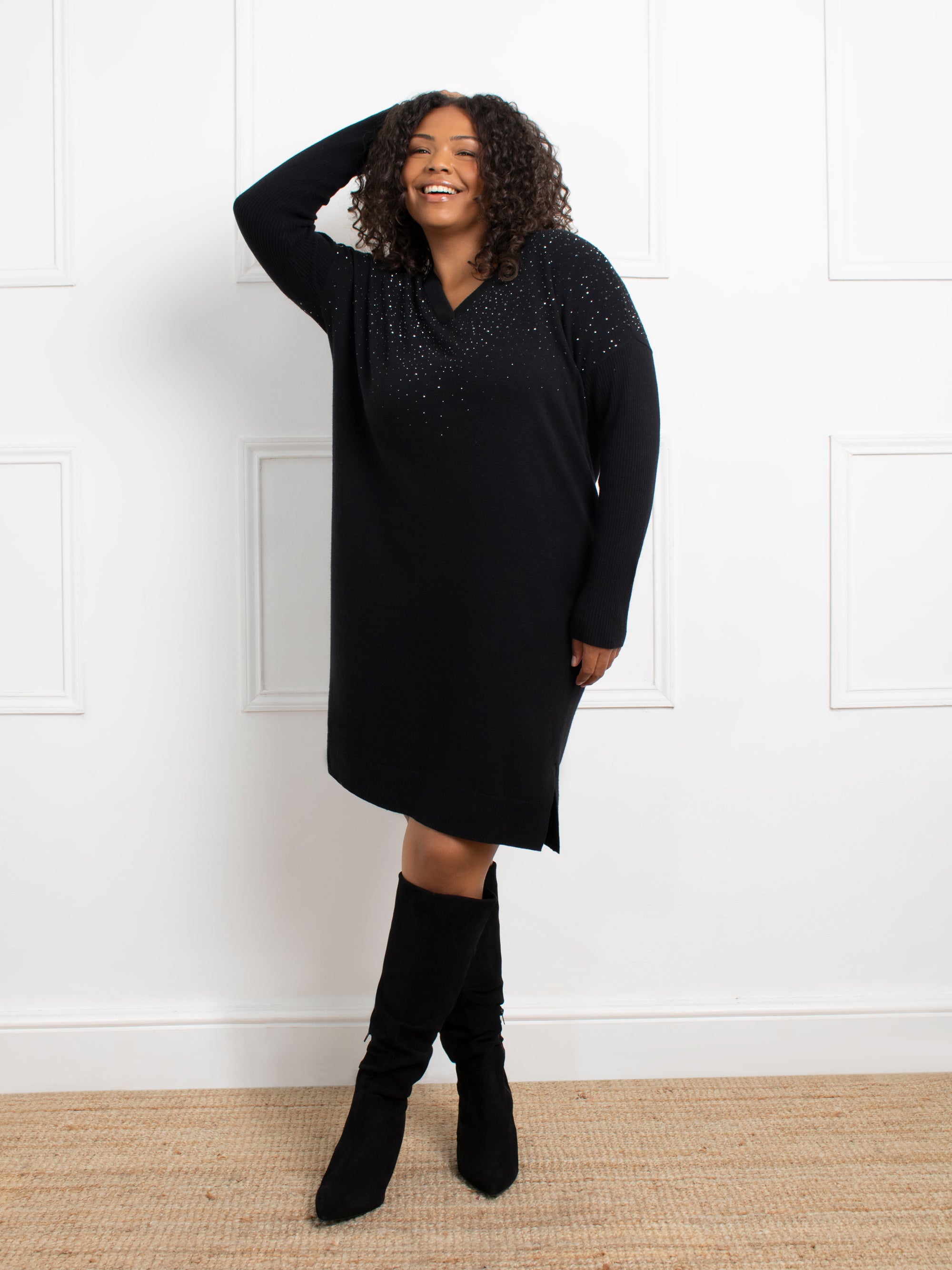 Black Sparkle V Neck Jumper Dress