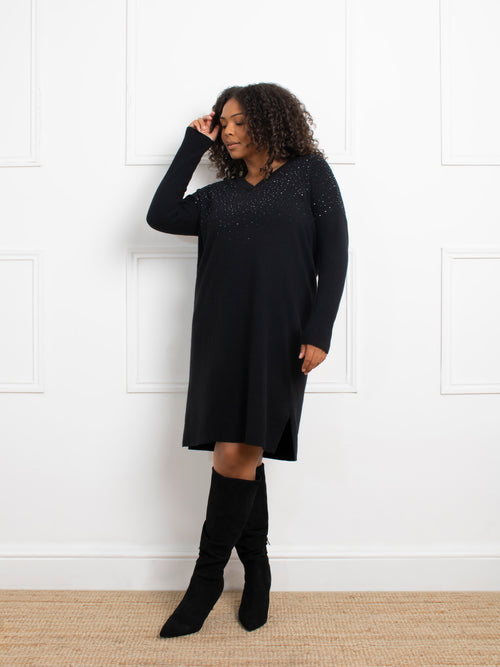 Black Sparkle V-Neck Jumper Dress