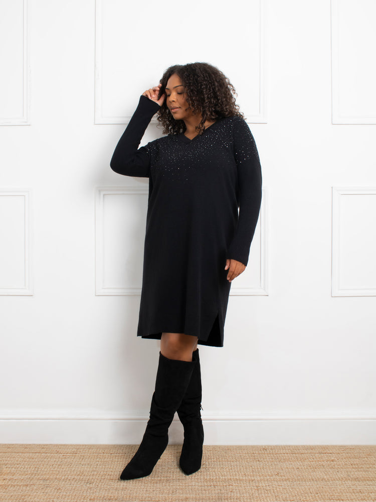 Black Stud V-Neck Jumper Dress