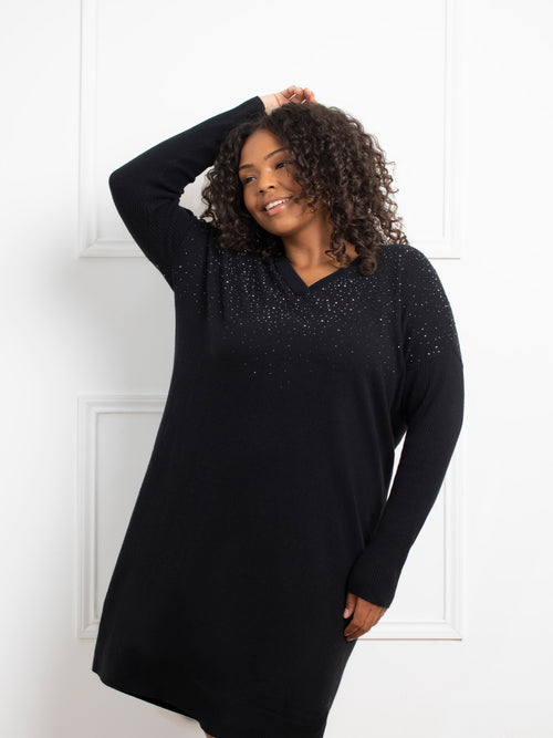 Black Stud V-Neck Jumper Dress