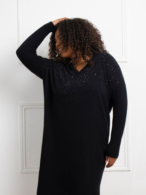 Black Stud V-Neck Jumper Dress