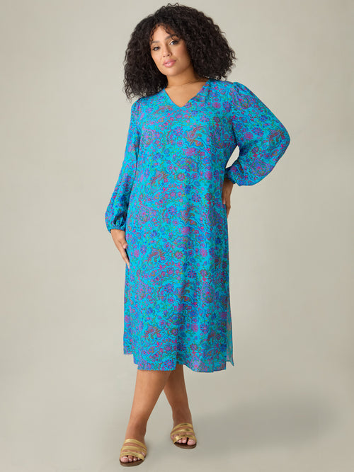 Blue Paisley V-Neck Dress