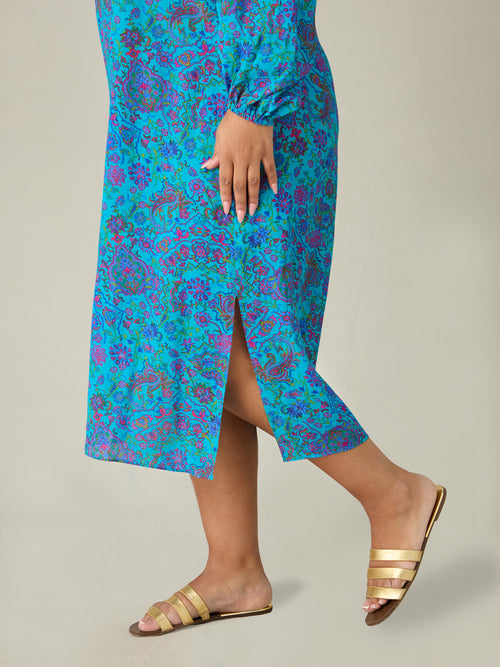 Blue Paisley V-Neck Dress