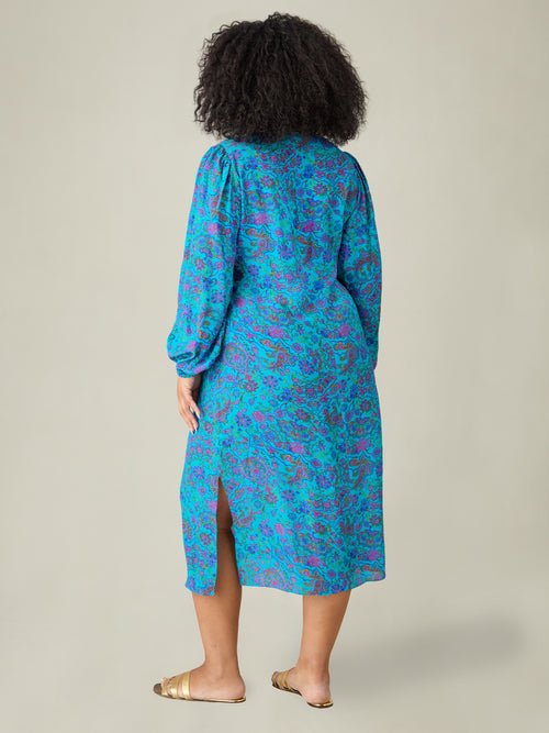 Blue Paisley V-Neck Dress