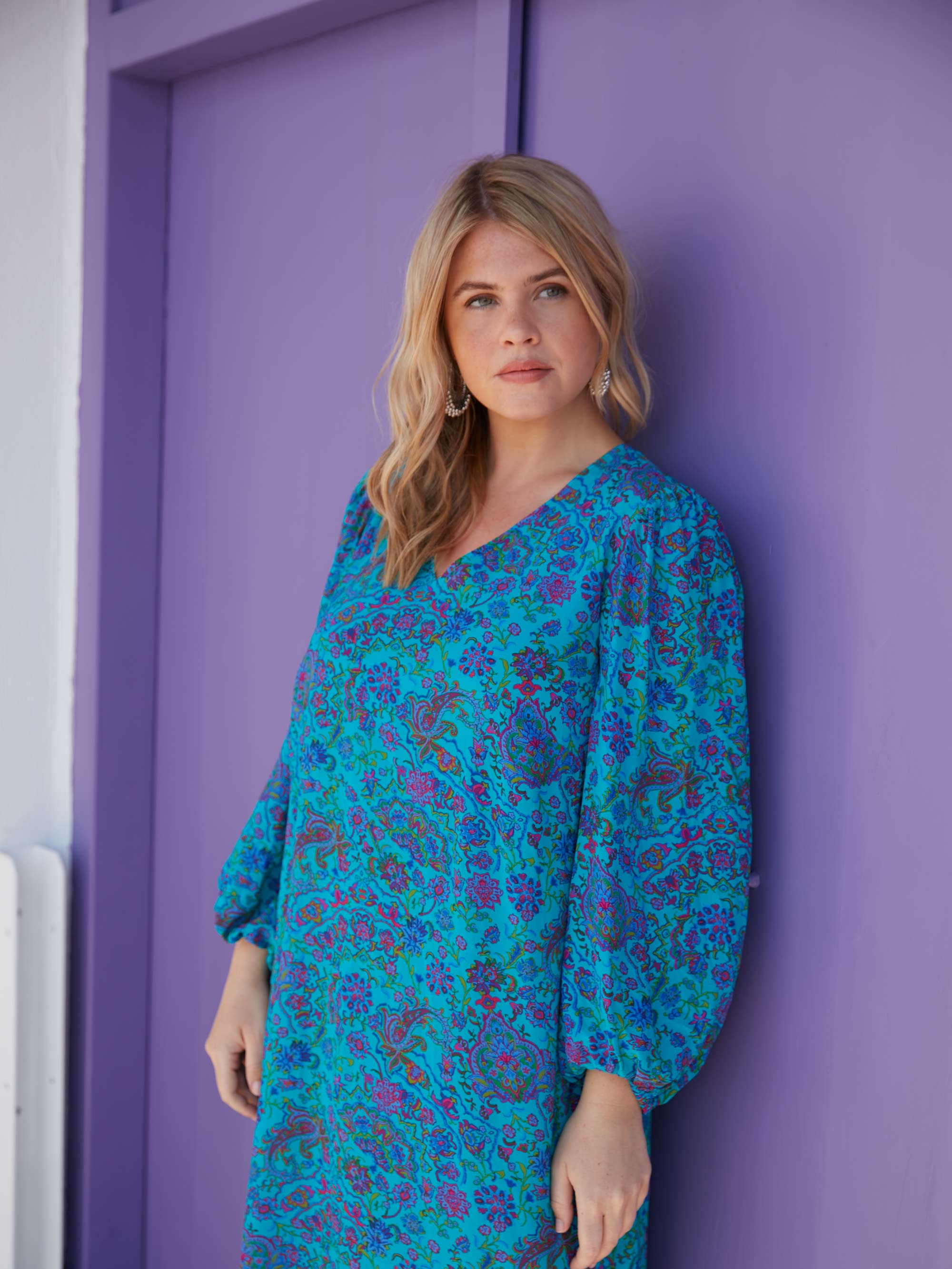 Blue Paisley V-Neck Dress