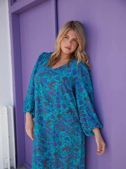 Blue Paisley V-Neck Dress