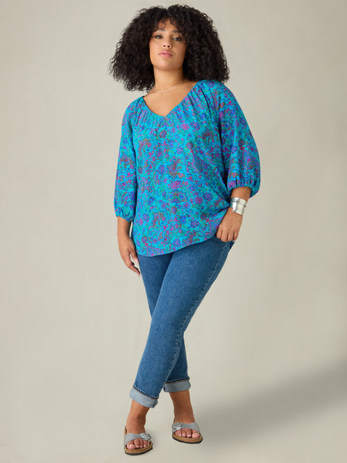 Blue Paisley Gathered Top