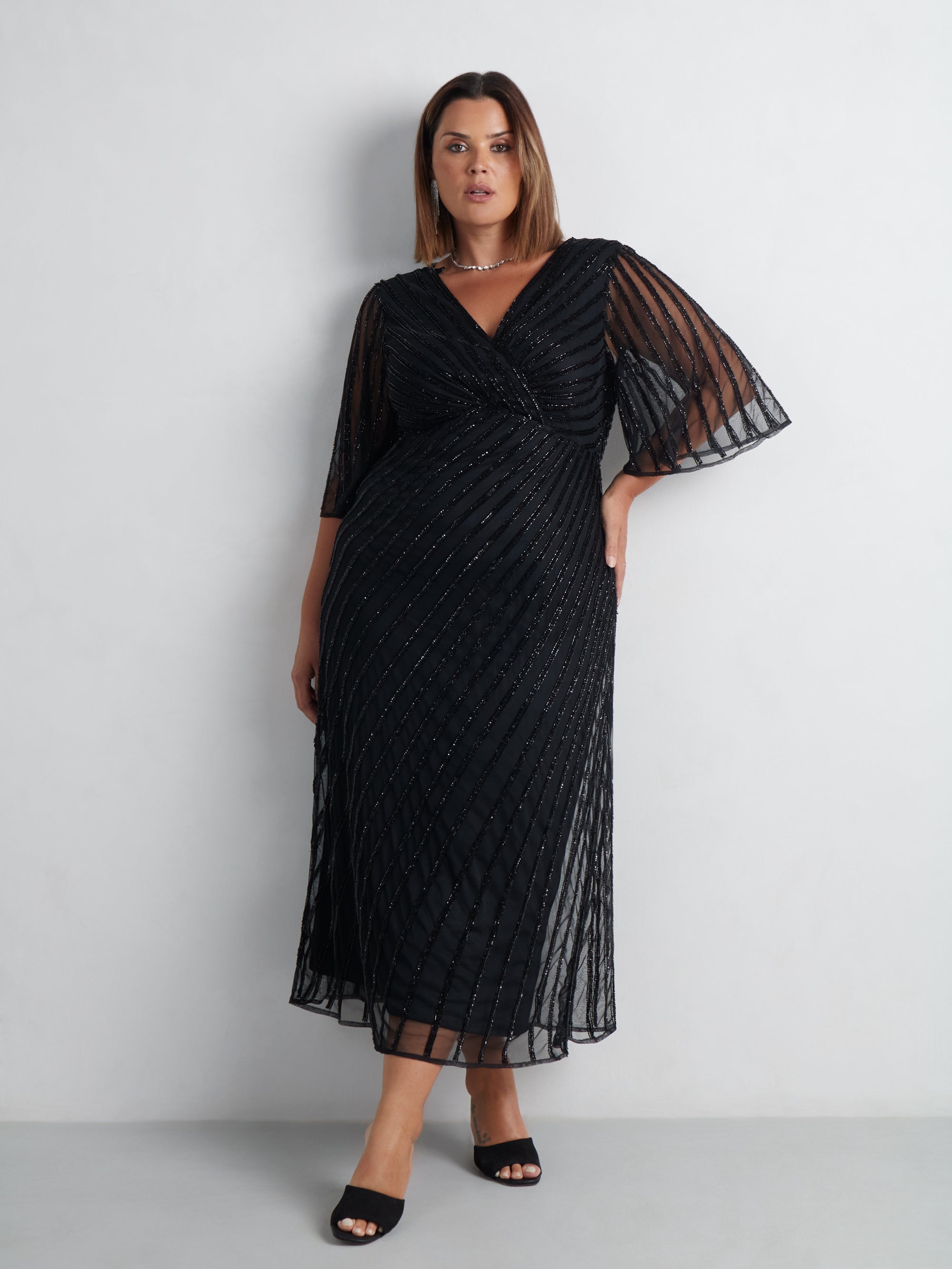 embellished flutter sleeve maxi dress Juliet JTM14F Long A-Line Flutter Mid-Length Sleeve Evening Gown Silver / M